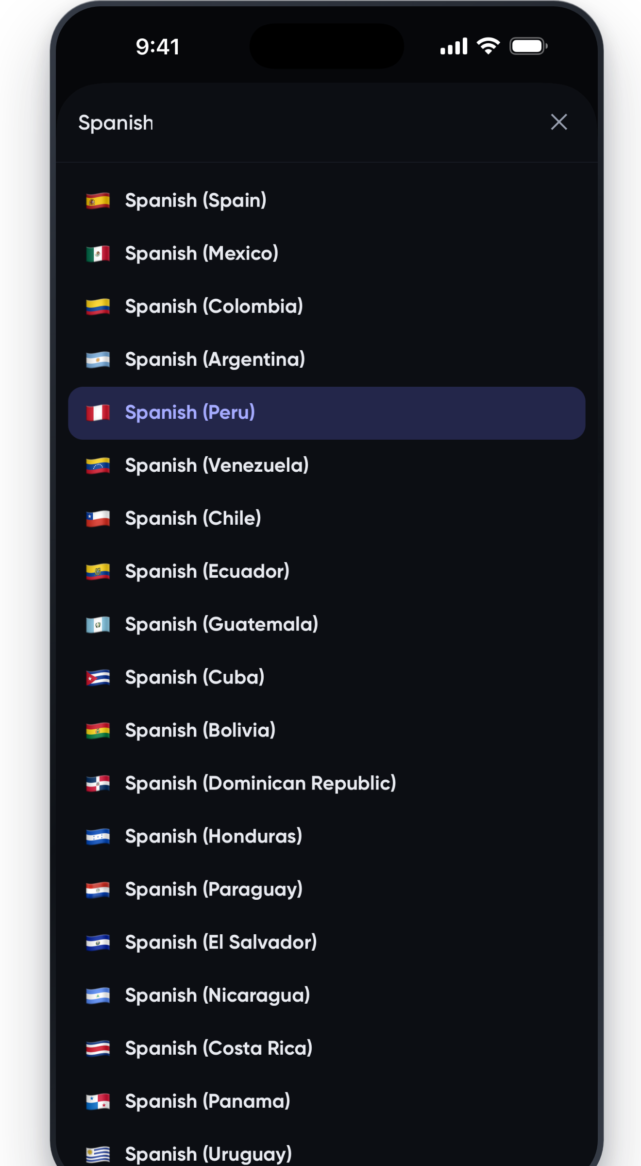 Choosing Spanish (Peru) from 471 local variants